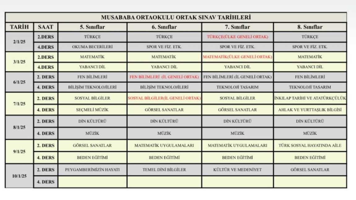 TÜM SINIFLAR ORTAK SINAV TARİHLERİ